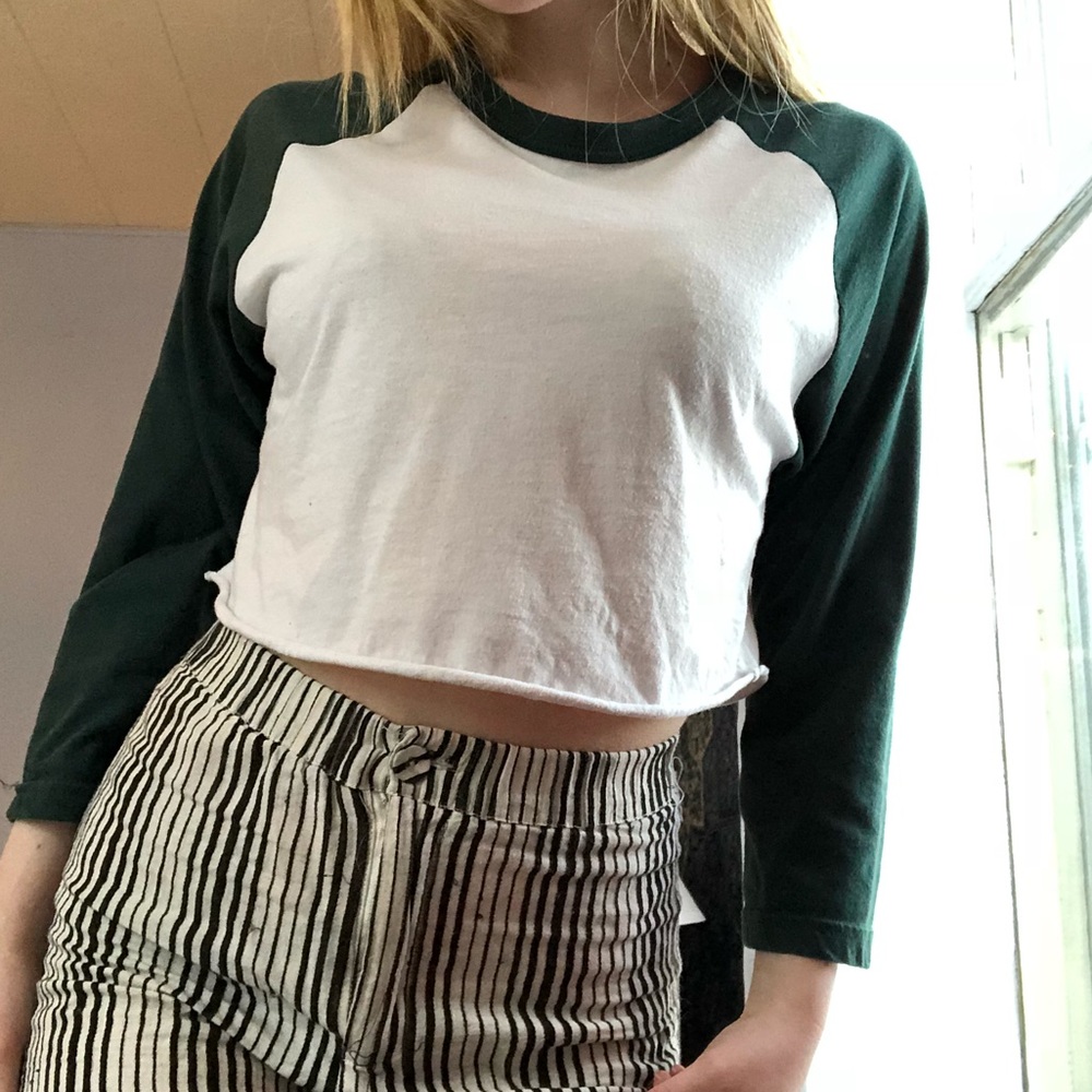 Green and white baseball tee